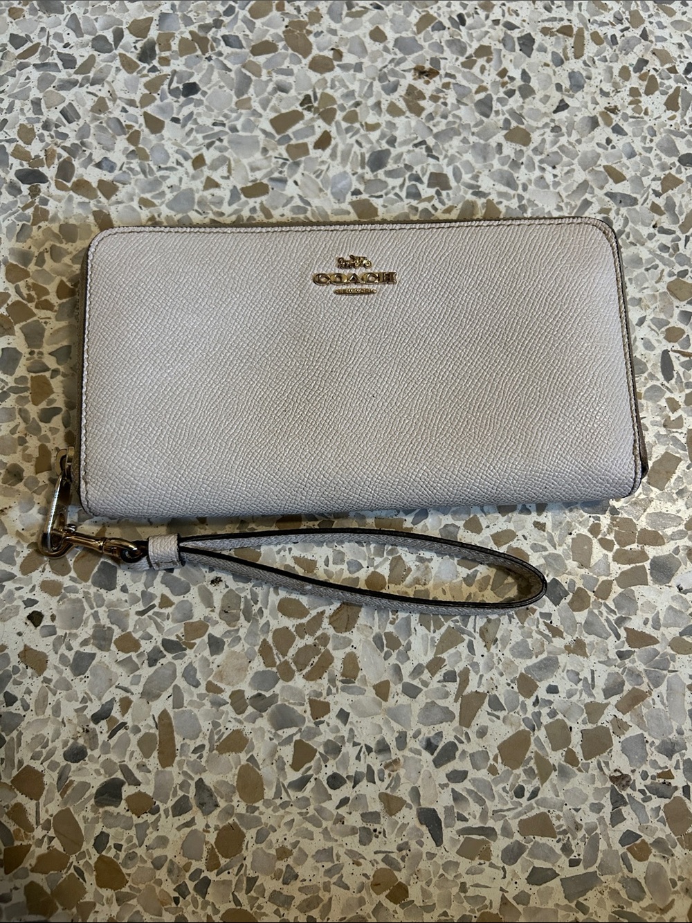 Coach Light Beige Pebbled Leather Zip Wristlet